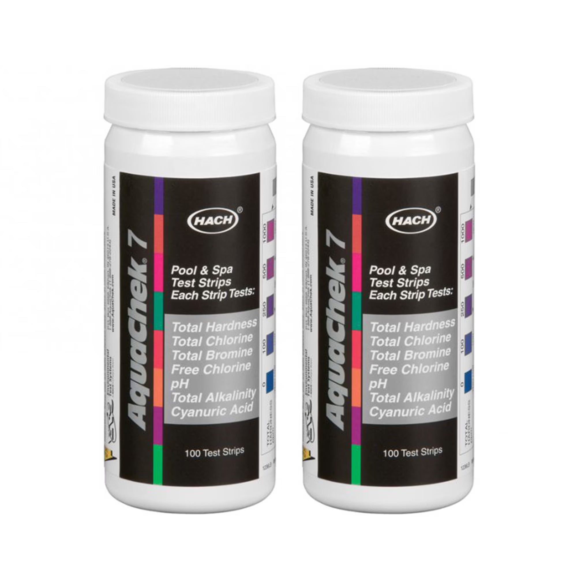 AquaChek Silver 7-in-1 pool and spa test strips, 100-count pack measuring total chlorine, bromine, pH, alkalinity, hardness, and stabilizer.