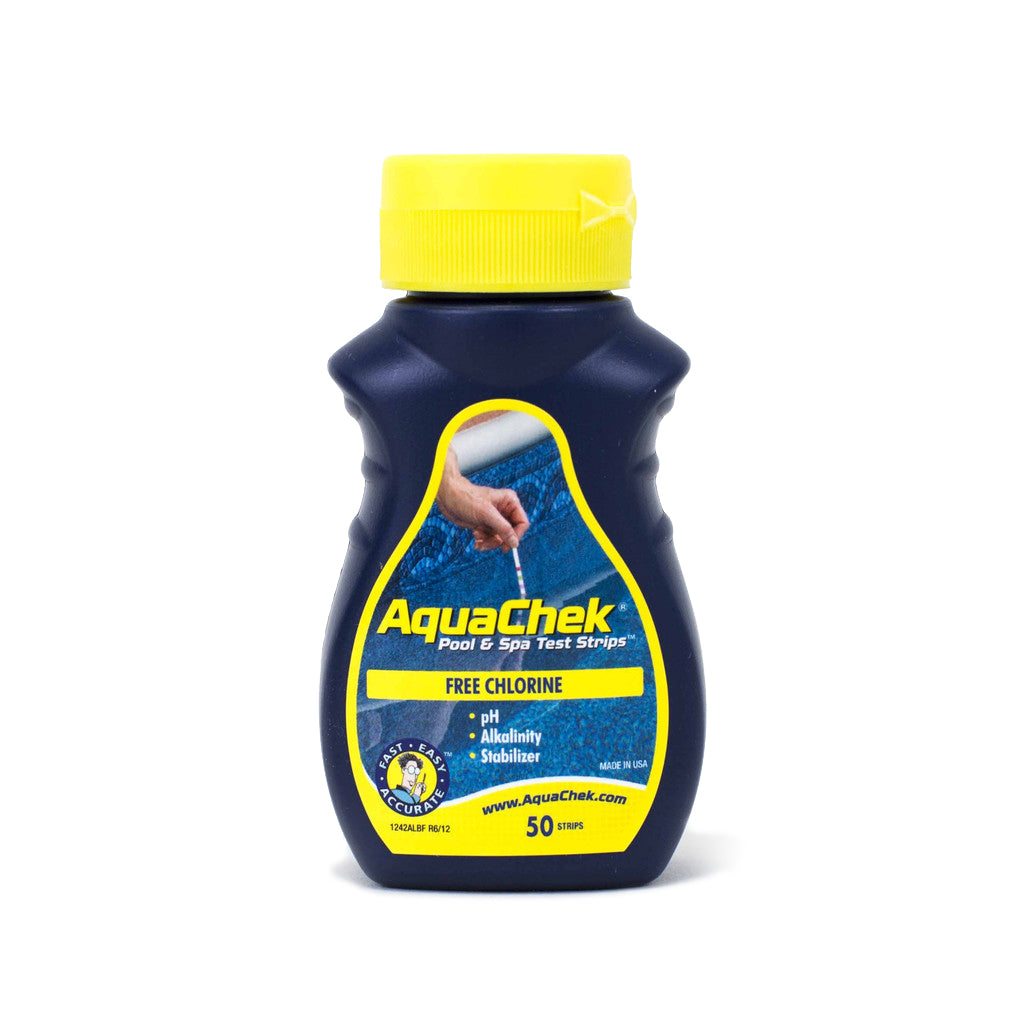 AquaChek Yellow 4-in-1 pool test strips bottle with 50 strips for chlorine, pH, alkalinity, and stabilizer testing.