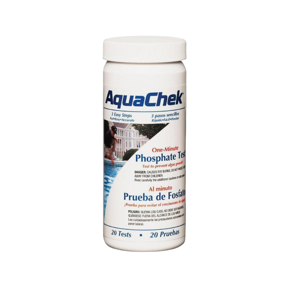 AquaChek Phosphate Test Kit with 20 one-minute testing strips for swimming pools.