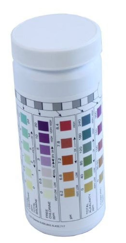 AquaChek Silver 7-in-1 pool and spa test strips, 100-count pack measuring total chlorine, bromine, pH, alkalinity, hardness, and stabilizer.