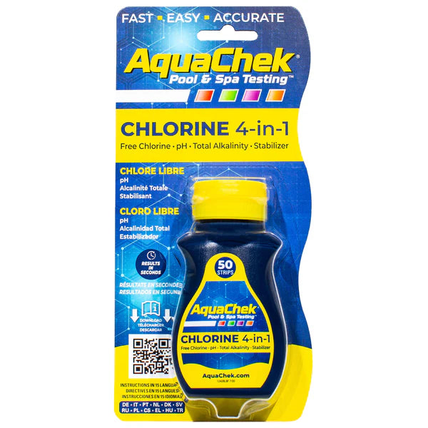 AquaChek Yellow 4-in-1 pool test strips bottle with 50 strips for chlorine, pH, alkalinity, and stabilizer testing.