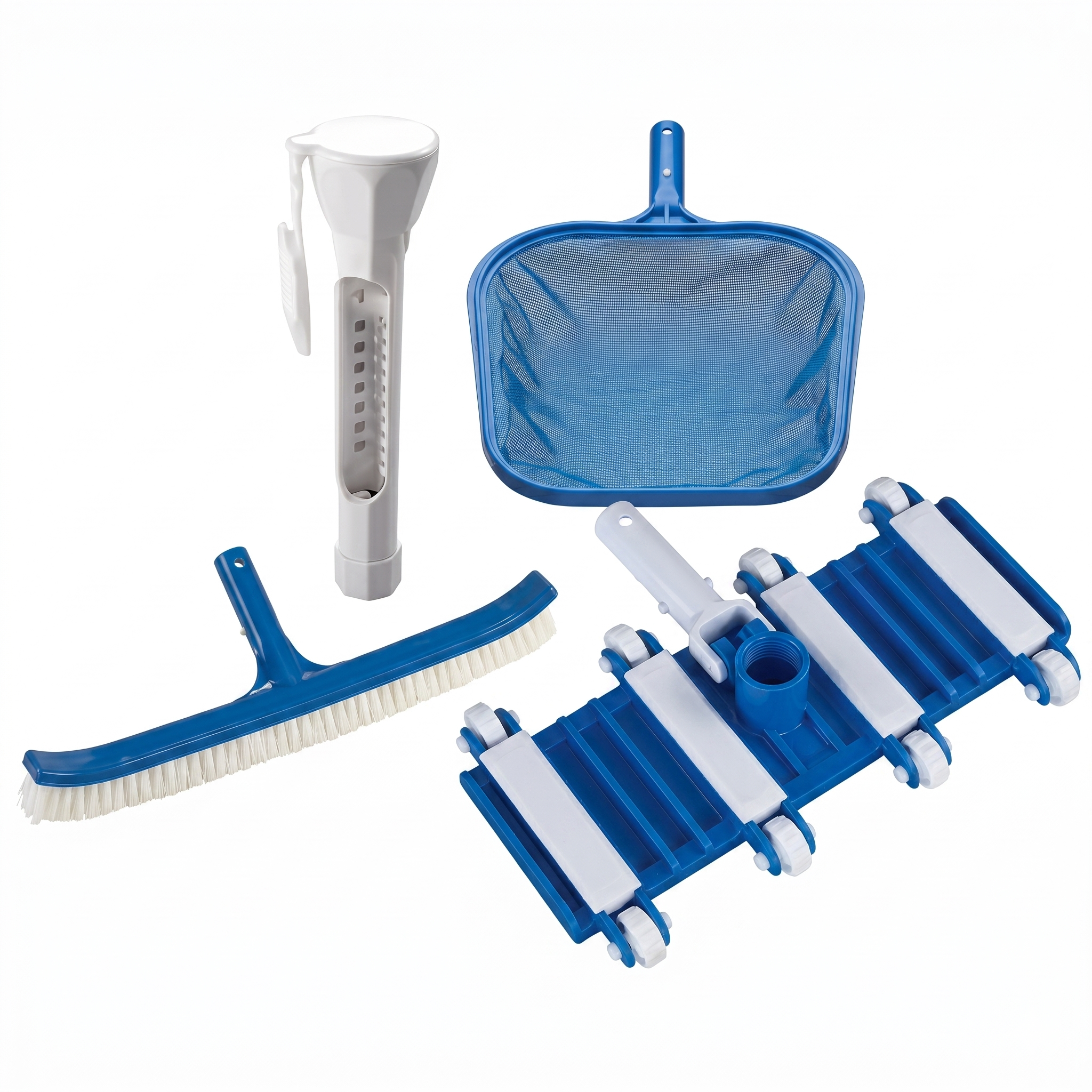Complete pool cleaning set featuring essential maintenance tools.