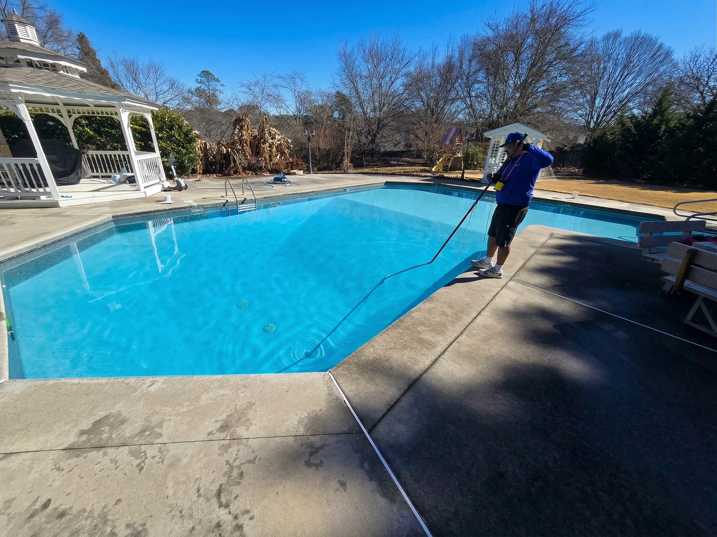 Professional weekly pool care including chemical balancing, skimming, and system inspection by Mcbo Pool Services.