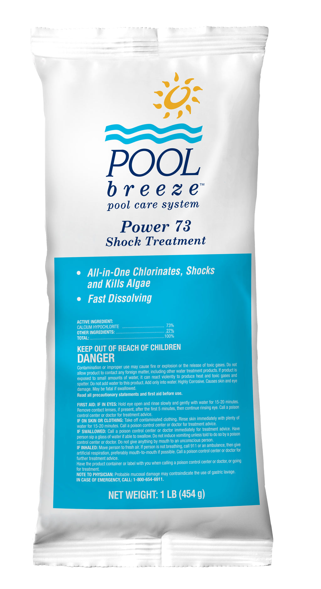 Pool Breeze Power 73% Cal Hypo Granular Chlorine Shock, 24-count case of 1 lb bags for high-strength pool sanitization.