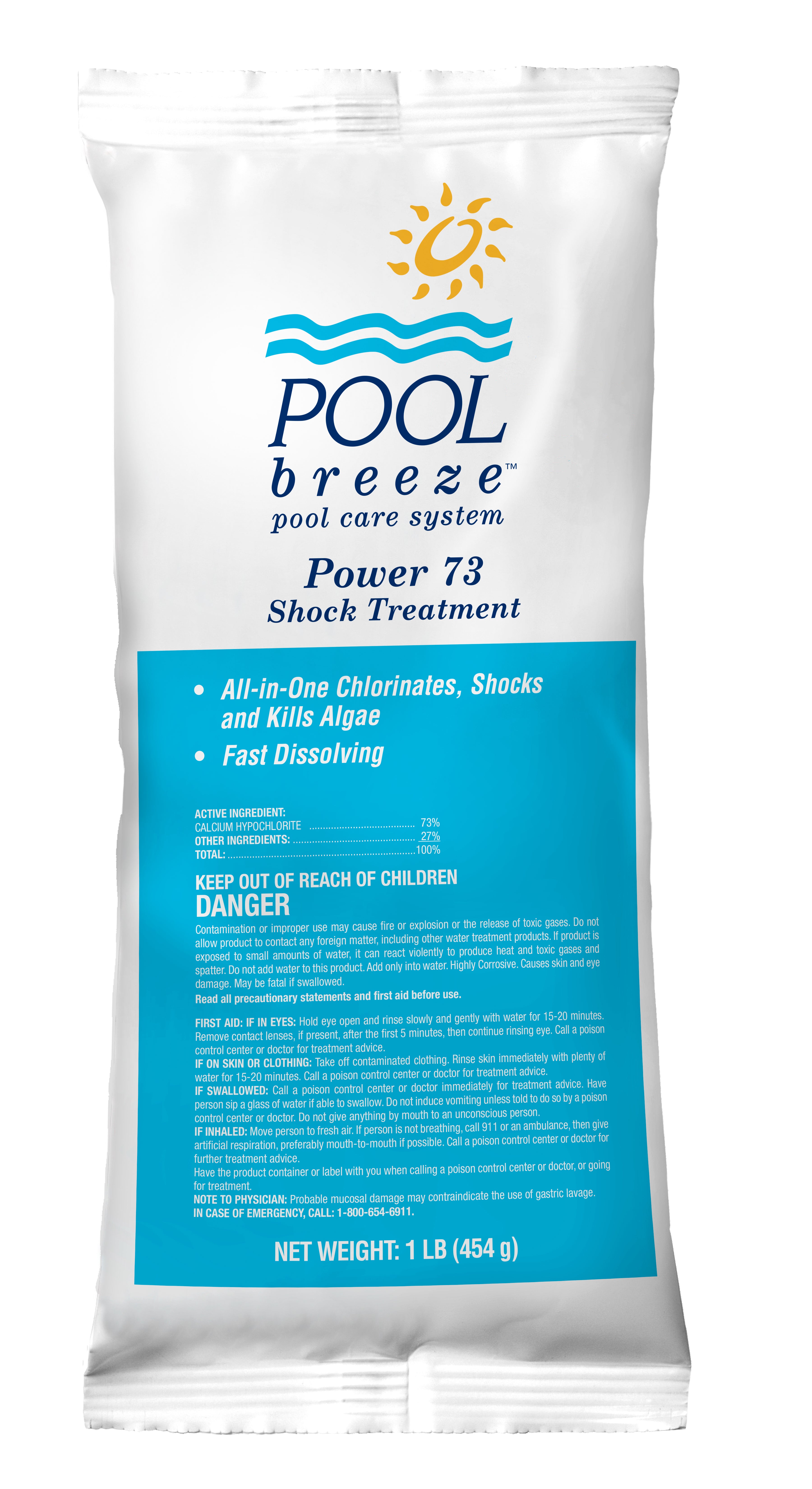 Pool Breeze Power 73% Cal Hypo Granular Chlorine Shock, 24-count case of 1 lb bags for high-strength pool sanitization.