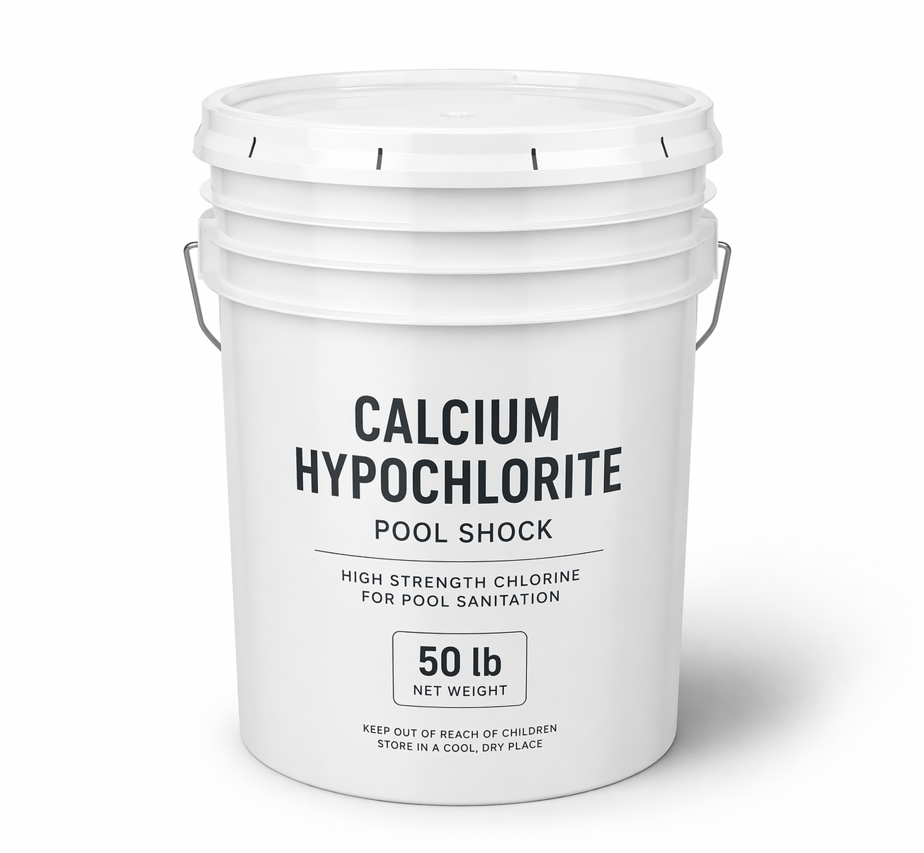 50 lb bucket of high-strength calcium hypochlorite pool chlorine